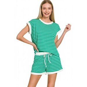 Zenana Stripe Contrast Trim Top & Shorts Set